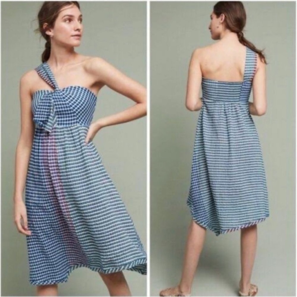 Maeve Blue and White One-Shoulder Gingham Dress